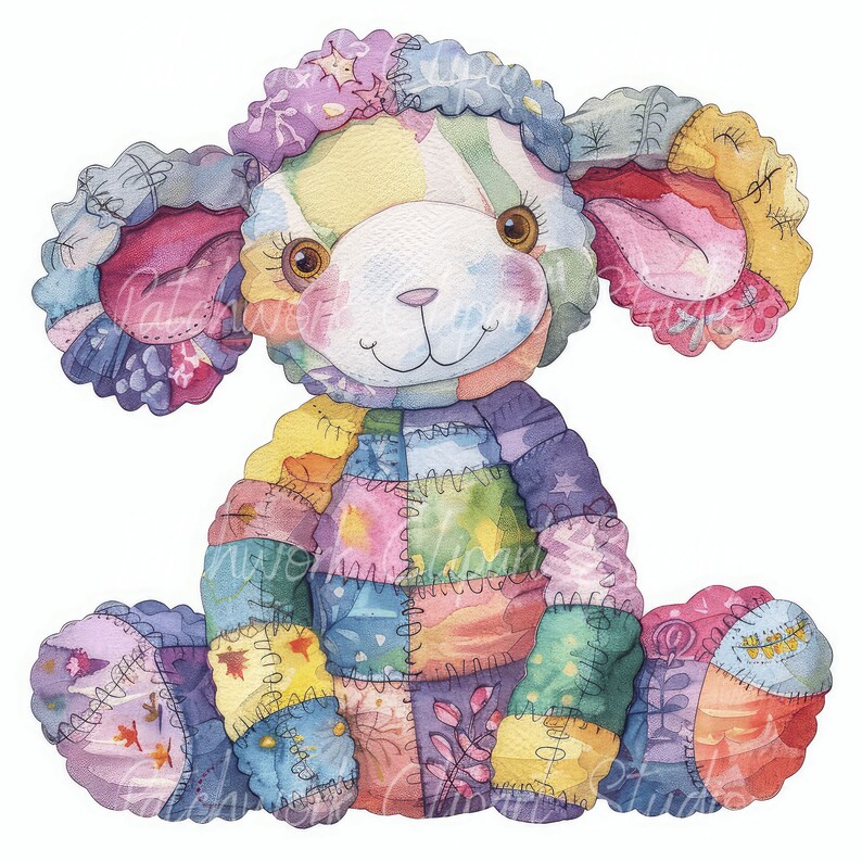 May include: A colorful patchwork lamb toy with a sweet expression. The lamb is made of various fabrics in shades of pink, purple, blue, green, yellow, and orange. The lamb has a white face with brown eyes and a stitched smile.