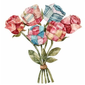 May include: A bouquet of five patchwork fabric roses tied together with twine. The roses are in shades of pink, red, blue, and yellow.