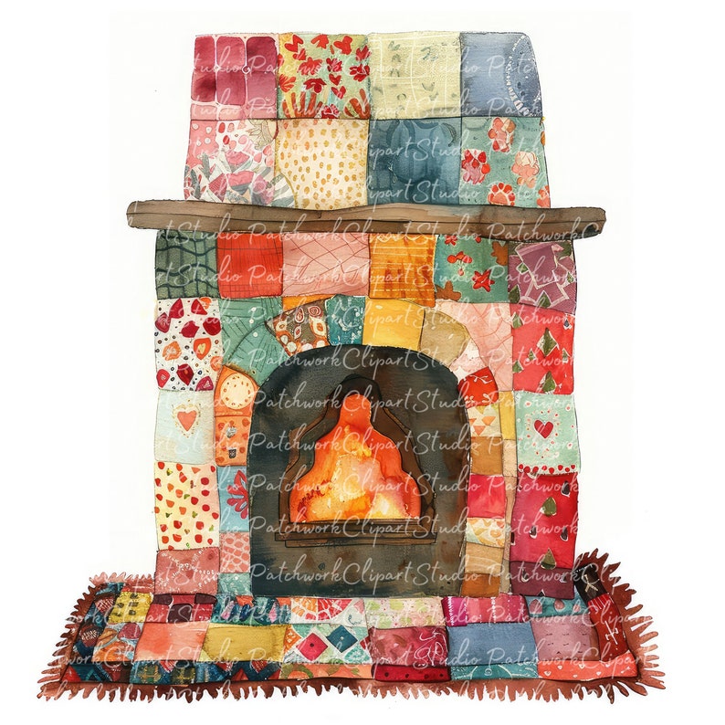 Fire Patchwork 10 Fireplace Clipart Bundle, PNG & JPG, Printable Patchwork Fireplace ...