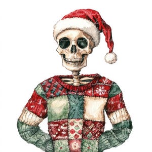 Könnte beinhalten: Eine Aquarell-Illustration eines Skeletts, das einen rot-grünen Patchwork-Pullover und eine Weihnachtsmütze trägt. Das Skelett lächelt.