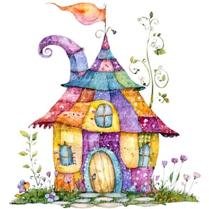 10 Fairy House Clipart Bundle, PNG & JPG, Printable Patchwork Magical House Illustrations, Digital Download, Scrapbook Crafting, Fairy Image