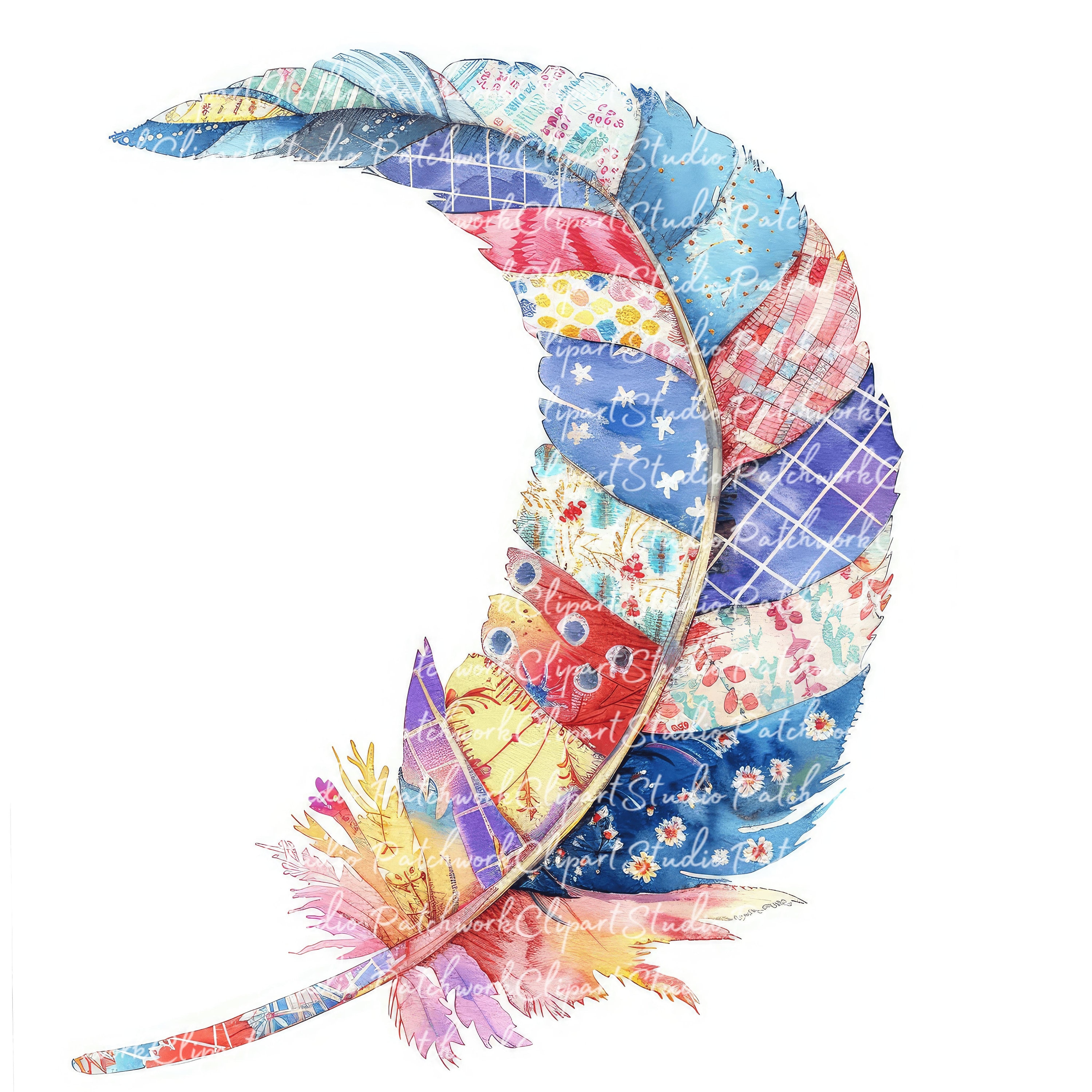 10 Feathers Clipart Bundle, Printable Patchwork Feather, Quilted Fabric ...