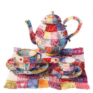 10 theepot en theekopjes clipartbundel, png en jpg, afdrukbare patchworktheeset, illustraties, digitale download, plakboek, quiltafbeelding