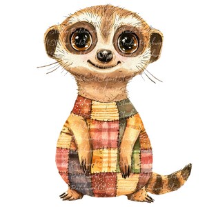 May include: Watercolor illustration of a cute meerkat with large brown eyes and a patchwork quilt-style garment. The meerkat has a smiling expression and is set against a white background. The artwork is in a whimsical, cartoon style.