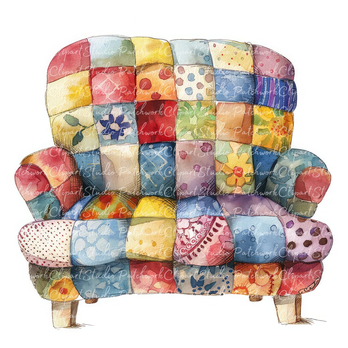 10 Sofas Clipart Bundle, Printable Patchwork Sofa, Cute Quilted Fabric ...