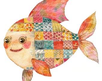 10 Fish Clipart Bundle, PNG & JPG, Printable Patchwork Fish, Illustrations, Digital Download, Scrapbook Crafting, Quilt Fish Image