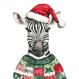 May include: A watercolor illustration of a zebra wearing a red Santa hat and a green, red, and white patchwork sweater. The zebra is looking at the viewer.