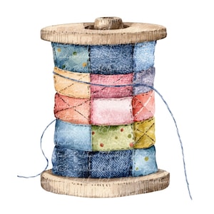 May include: A watercolour illustration of a wooden thread spool. The spool is decorated with patchwork fabric in blue, pink, yellow, and green. A blue thread extends from the spool, suggesting sewing or crafting.