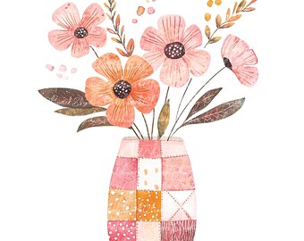 10 Pink and Gold Flowers in Vase Clipart Bundle, PNG & JPG, Printable Patchwork Illustrations, Digital Download, Scrapbook, Quilt Image