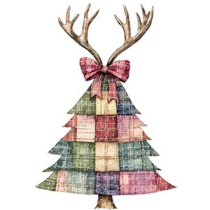 10 Christmas Tree with Antlers Clipart Bundle, PNG & JPG, Printable Patchwork, Illustration, Digital Download, Scrapbook Crafts, Quilt Image