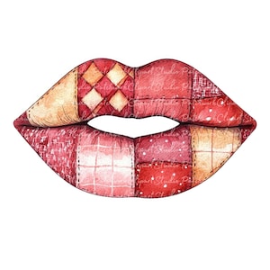 以下が含まれることがあります： パッチワークデザインの唇のペアの水彩イラスト。唇は赤、ピンク、ベージュの色合いで、各セクションは異なるパターンを特徴としています。全体的な効果は、ユニークで芸術的な表現です。