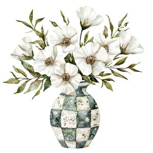 10 witte bloemen in vaas clipartbundel, png en jpg, schattige afdrukbare patchworkillustratie, digitale download, scrapbooking, quiltafbeelding