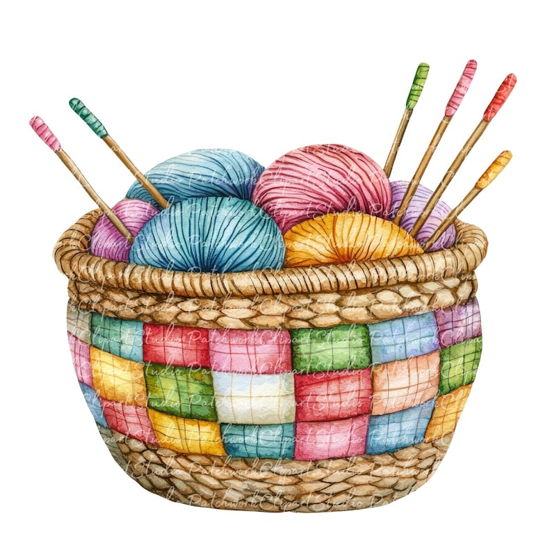 10 Basket With Yarn Clipart Bundle, PNG & JPG, Patchwork Knitting ...
