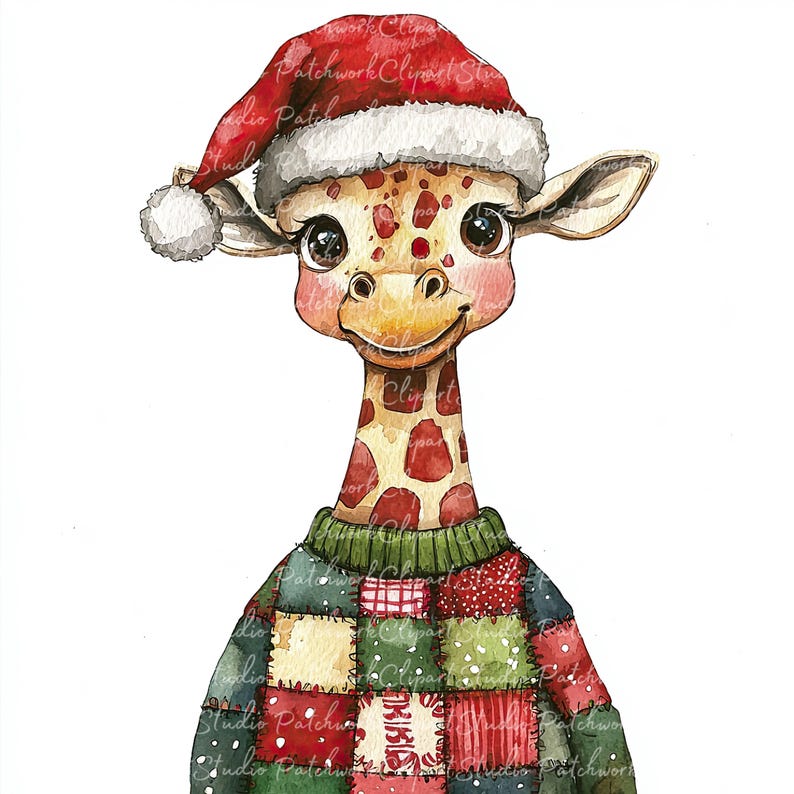 10 Christmas Giraffe Clipart Bundle, PNG & JPG, Printable Patchwork ...