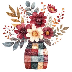 Pode incluir: Uma pintura em aquarela de um buquê de flores vermelhas, brancas e amarelas em um vaso de patchwork. O vaso é feito de tecido e tem uma variedade de cores e padrões.