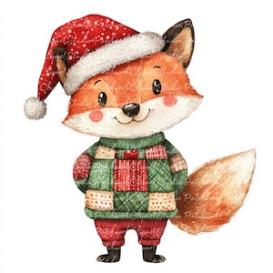 Lot de 10 cliparts renard de Noël, PNG & JPG, patchwork imprimable, Illustration d'hiver de Noël, téléchargement numérique, création de scrapbooking, image de courtepointe