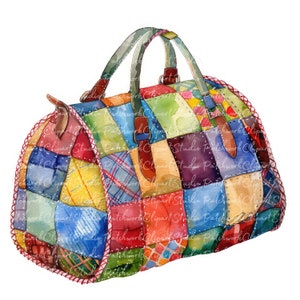 Pacote com 10 clipart de bolsa esportiva, PNG e JPG, bolsa de ginástica de patchwork para impressão, ilustrações, download digital, criação de scrapbook, imagem de colcha