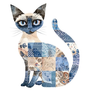 Lot de 10 cliparts chat siamois, PNG & JPG, patchwork imprimable, illustrations de chat siamois, téléchargement numérique, création de scrapbooking, image de courtepointe