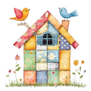 Pacchetto di 10 Clipart di casette per uccelli, PNG e JPG, illustrazioni di casette per uccelli patchwork stampabili, download digitale, creazione di album, immagine di uccelli per trapunte