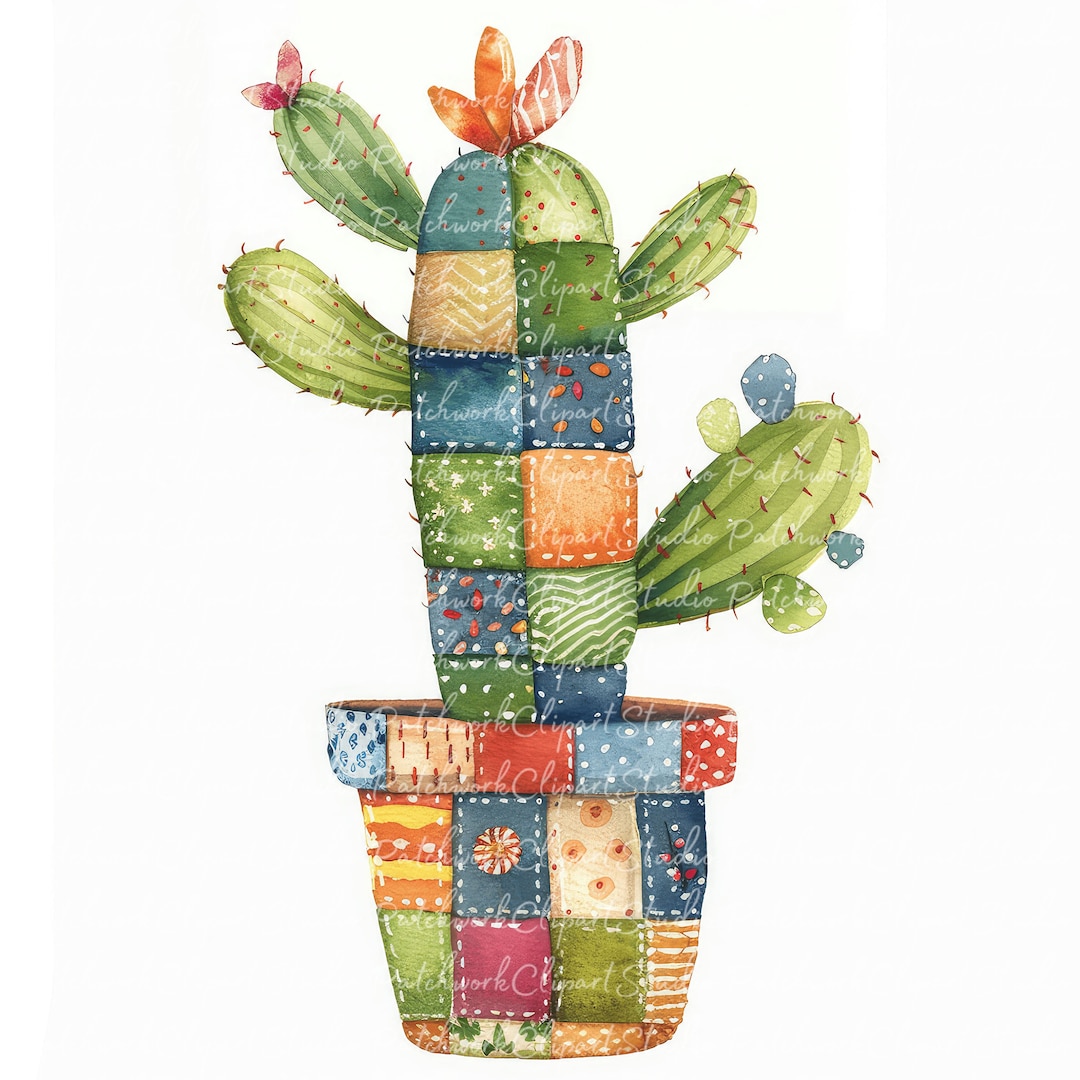 10 Cactus Clipart Bundle, Printable Patchwork Cacti, Quilted Fabric ...