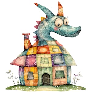 Puede incluir: Ilustración acuarela de una casa con forma de dragón. El dragón tiene una cabeza azul y un cuerpo de retazos de varios colores. La casa tiene una chimenea y está sobre una zona de hierba con flores.