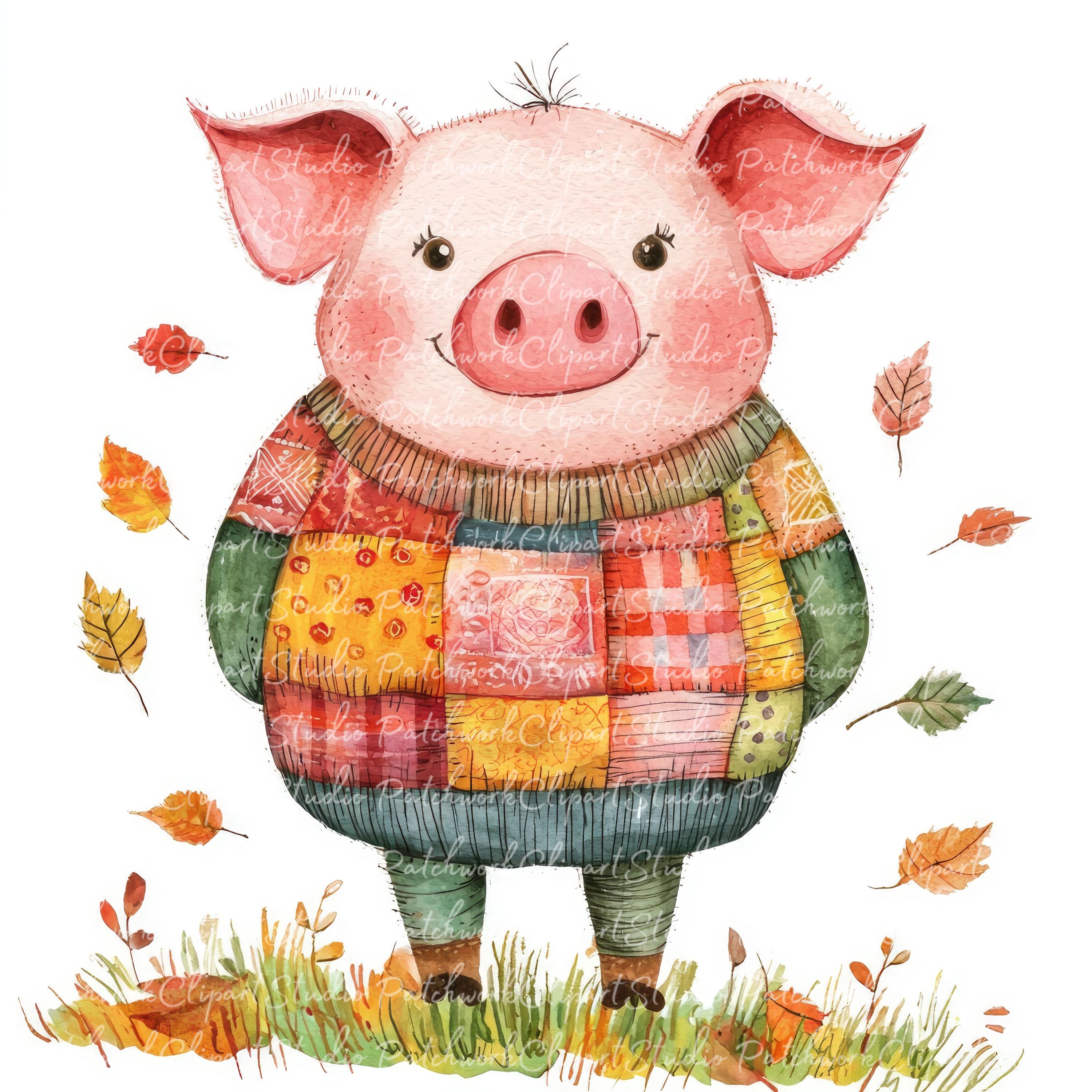 10 Autumn Pig Clipart Bundle, PNG & JPG, Printable Patchwork, Pig in ...