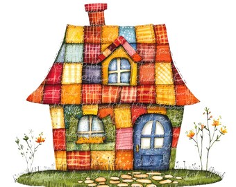 10 Cute House Clipart Bundle, PNG & JPG, Printable Patchwork House Illustrations, Digital Download, Scrapbook Crafting, Cute Cottage Image