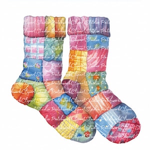 10 Socks Clipart Bundle, PNG & JPG, Printable Patchwork Sock, Illustrations, Digital Download, Scrapbook Crafting, Kids, Quilt Image