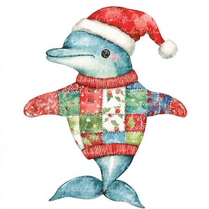 Lot de 10 cliparts dauphins de Noël, PNG & JPG, patchwork imprimable, illustrations de Noël, téléchargement numérique, créations de scrapbooking, image de courtepointe