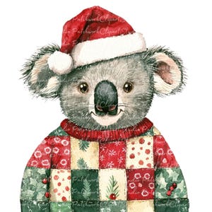 May include: A watercolour illustration of a koala wearing a red and green patchwork jumper and a Santa hat. The koala is smiling and looking at the viewer.