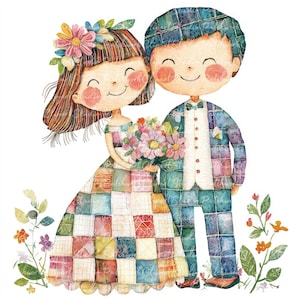 Paquete de 10 imágenes prediseñadas de novios, PNG y JPG, ilustraciones de patchwork para bodas, descarga digital, manualidades con álbumes de recortes, imágenes de colchas