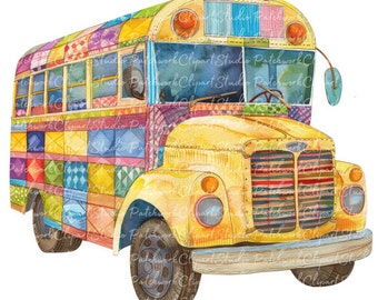10 Yellow School Bus Clipart Bundle, PNG & JPG, Printable Patchwork, Illustrations, Digital Download, Scrapbook Crafting, Quilt Image