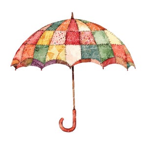 Pode incluir: Ilustração em aquarela de um guarda-chuva de patchwork colorido. O guarda-chuva apresenta quadrados de tecido em tons de vermelho, laranja, amarelo, verde e roxo. A alça é marrom com uma alça curva vermelha.