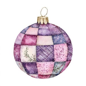 May include: A purple and pink patchwork Christmas ornament with a gold top. The ornament is made of fabric squares sewn together in a quilt-like pattern.