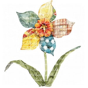 10 Daffodils Clipart Bundle, PNG & JPG, Printable Patchwork Daffodil, Illustrations, Digital Download, Scrapbook Crafting, Quilt Image