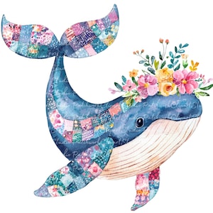 Op de afbeelding: Waterverfillustratie van een blauwe walvis met patchworkpatronen op zijn staart en vinnen. De walvis heeft een bloemenkrans van roze, gele en oranje bloemen op een witte achtergrond.