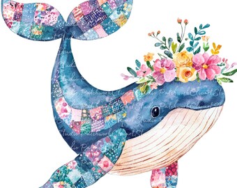 10 Floral Whale Clipart Bundle, PNG & JPG, Printable Patchwork Whale Illustrations, Digital Download, Scrapbook Crafting, Cute Whales Image