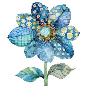 Puede incluir: Una flor azul de acuarela con un diseño de patchwork. La flor tiene seis pétalos y un centro amarillo. La flor está sobre un fondo blanco.