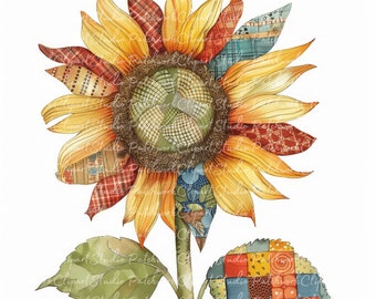 10 Sunflowers Clipart Bundle, PNG & JPG, Printable Patchwork Sunflower, Illustrations, Digital Download, Scrapbook Crafting, Quilt
