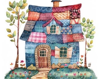 10 Cottages Clipart Bundle, PNG & JPG, Printable Patchwork Cottage,  Illustration, Digital Download, Scrapbook Crafting, Quilt Image