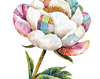 10 White Peony Clipart Bundle, PNG & JPG, Printable Patchwork Illustrations, Digital Download, White Peonies, White Flowers, Floral Images