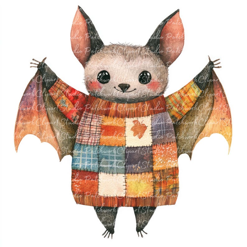 10 Autumn Bat Clipart Bundle, PNG & JPG, Printable Patchwork, Bat in ...