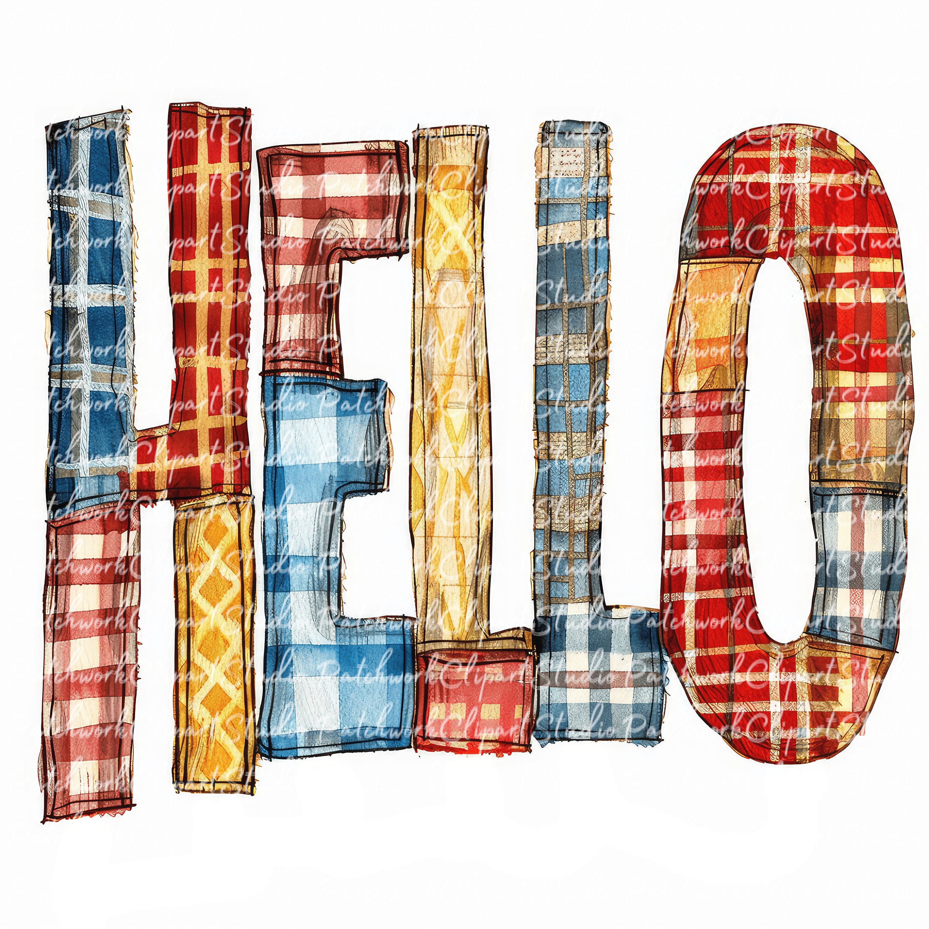 10 Hello Clipart Bundle, PNG & JPG, Printable Patchwork Word Hello ...