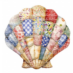 10 schelpen clipartbundel, png en jpg, afdrukbare patchwork schelp, illustraties, digitale download, scrapbooking, schelpquiltafbeelding