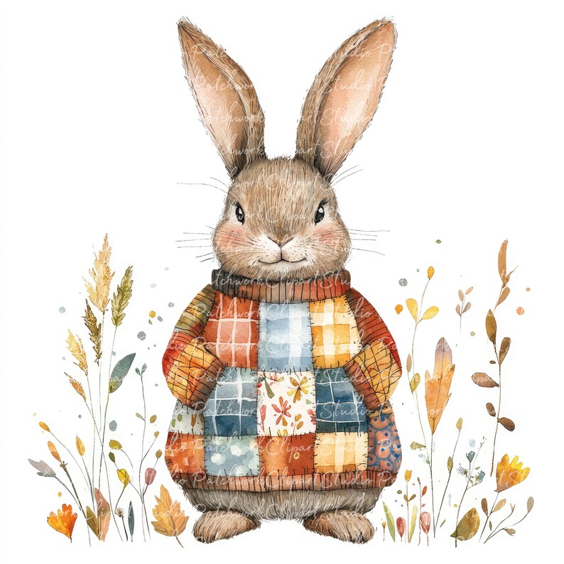 10 Autumn Rabbit Clipart Bundle, PNG & JPG, Printable Patchwork, Rabbit ...