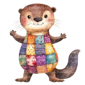 10 Otter Clipart Bundle, PNG & JPG, Printable Patchwork Animals Illustrations, Mammal Digital Download, Scrapbook Crafting, Cute Otter Image