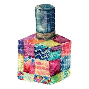May include: A watercolor painting of a perfume bottle with a blue top and a colorful patchwork design. The bottle is made up of many different squares of fabric, each with a different pattern.