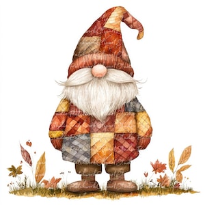 May include: A patchwork gnome with a red, orange, yellow, and blue hat and sweater stands in front of a field of fall leaves.