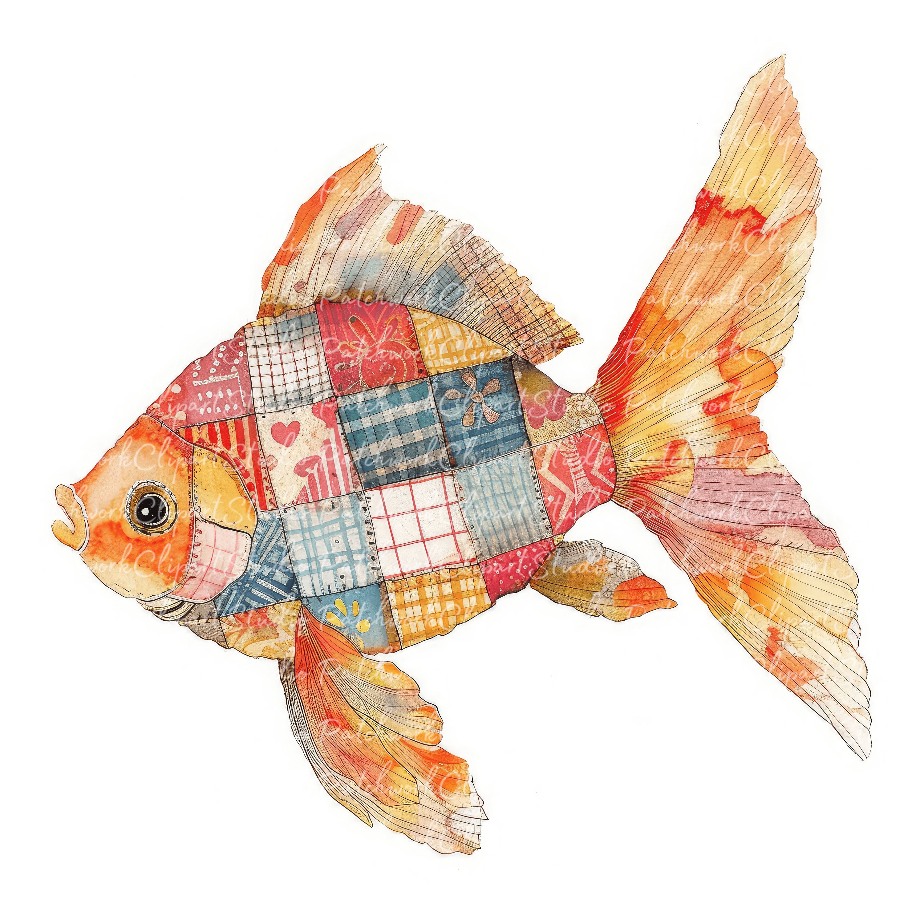Patchwork Fish Design 10 Goldfish Clipart Bundle, PNG & JPG, Printable Patchwork Fish ...