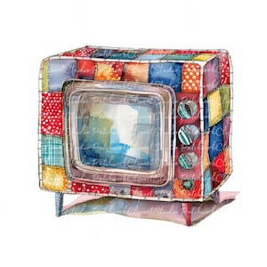 以下が含まれることがあります： カラフルなパッチワーク生地で覆われたビンテージテレビ。テレビは薄い茶色で、画面は黒。生地は赤、青、緑、黄、白のミックスです。